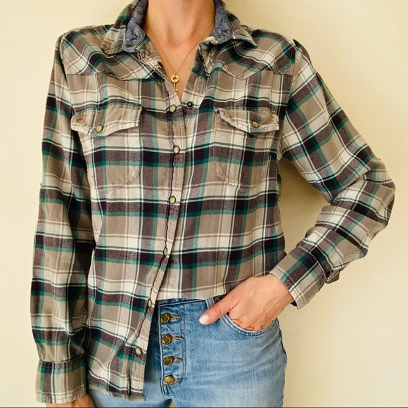 JACHS Girlfriend western Bea plaid flannel Long Sleeve Button down plaid Shirt - Picture 4 of 8